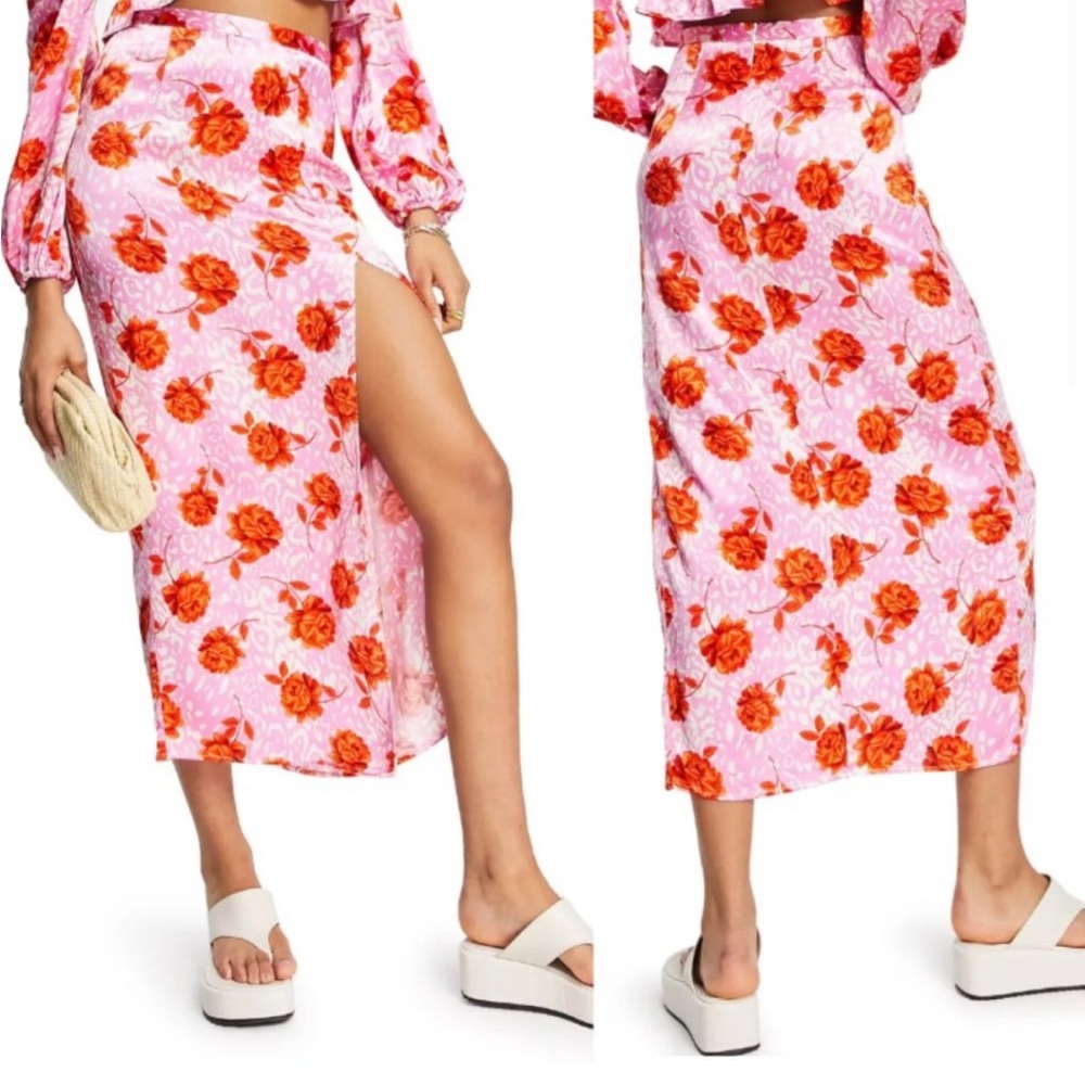 Topshop floral satin midi skirt size 6 NWT